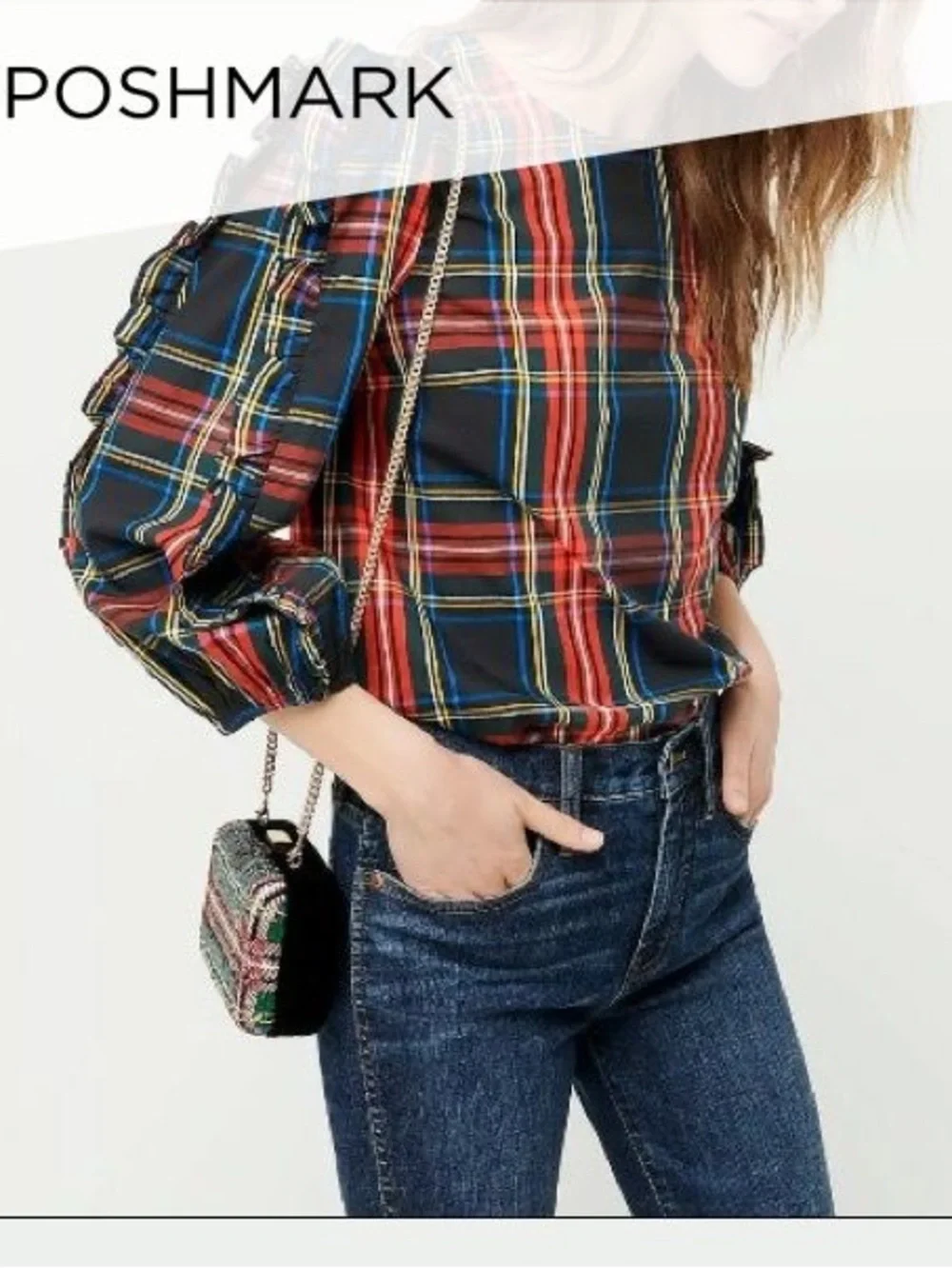 J. Crew Navy and Red Plaid Ruffle-Sleeve Blouse