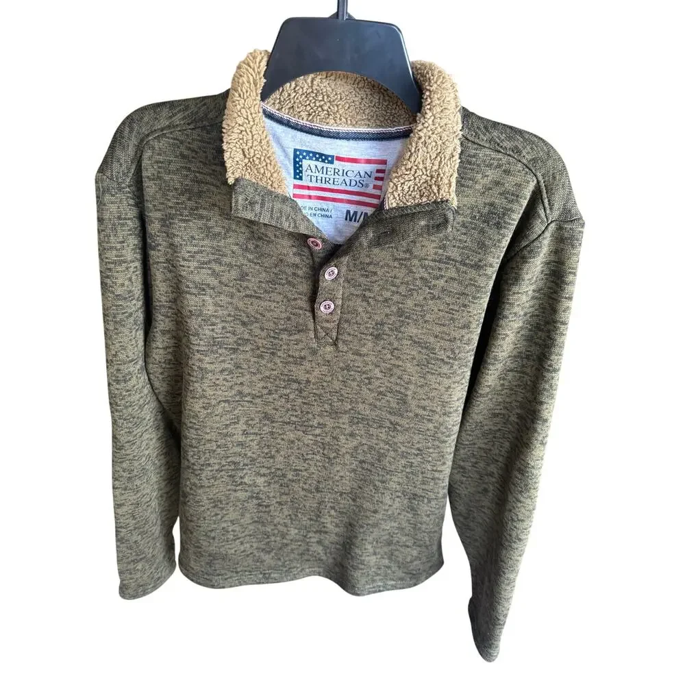 American Threads Men’s M Sherpa Collar Pullover Olive Green Long Sleeve Top