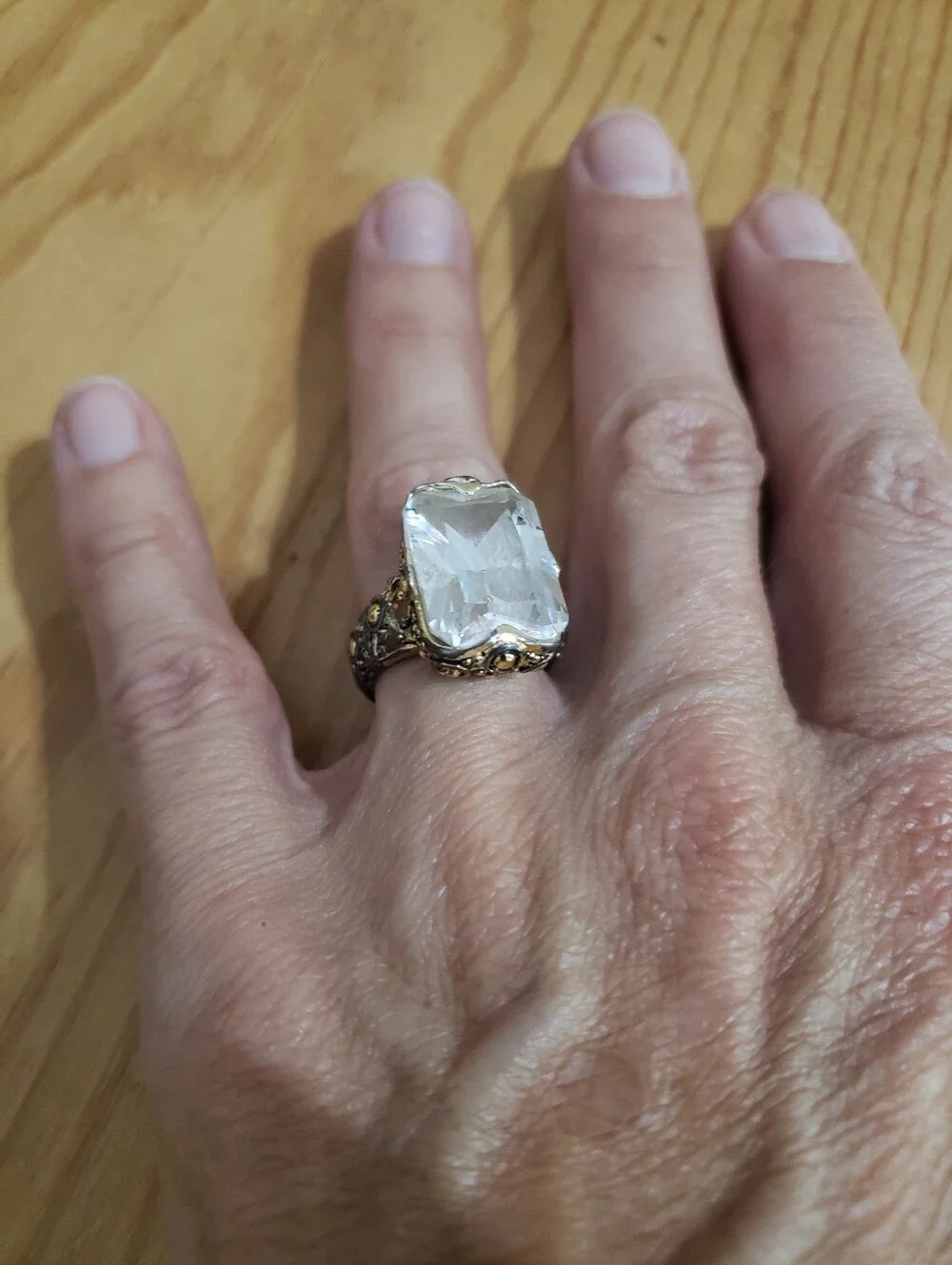 Vintage-Style Clear Crystal Ring with Gold Accents