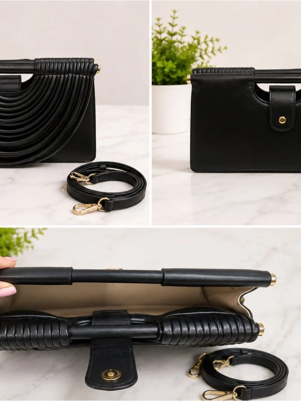 Black Structured Leather Clutch with Detachable Strap