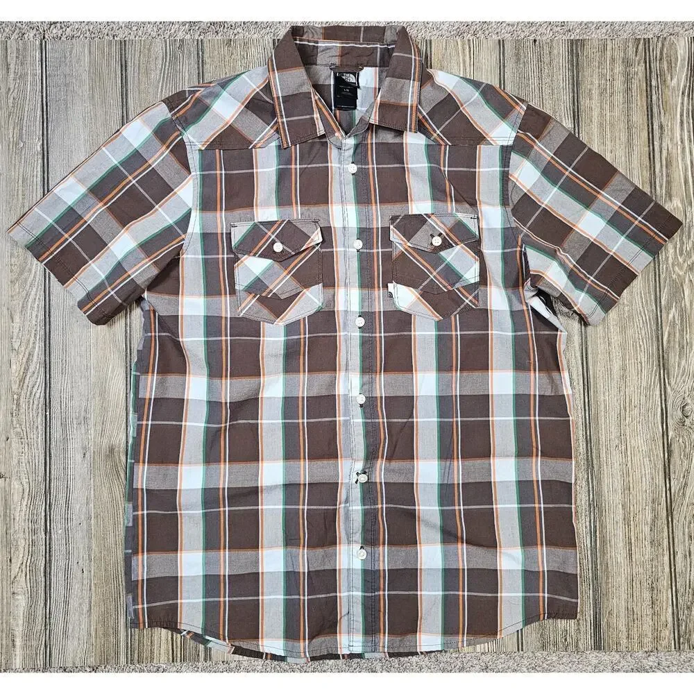 North Face Plaid Button Down Shirt Mens Large Short Sleeve