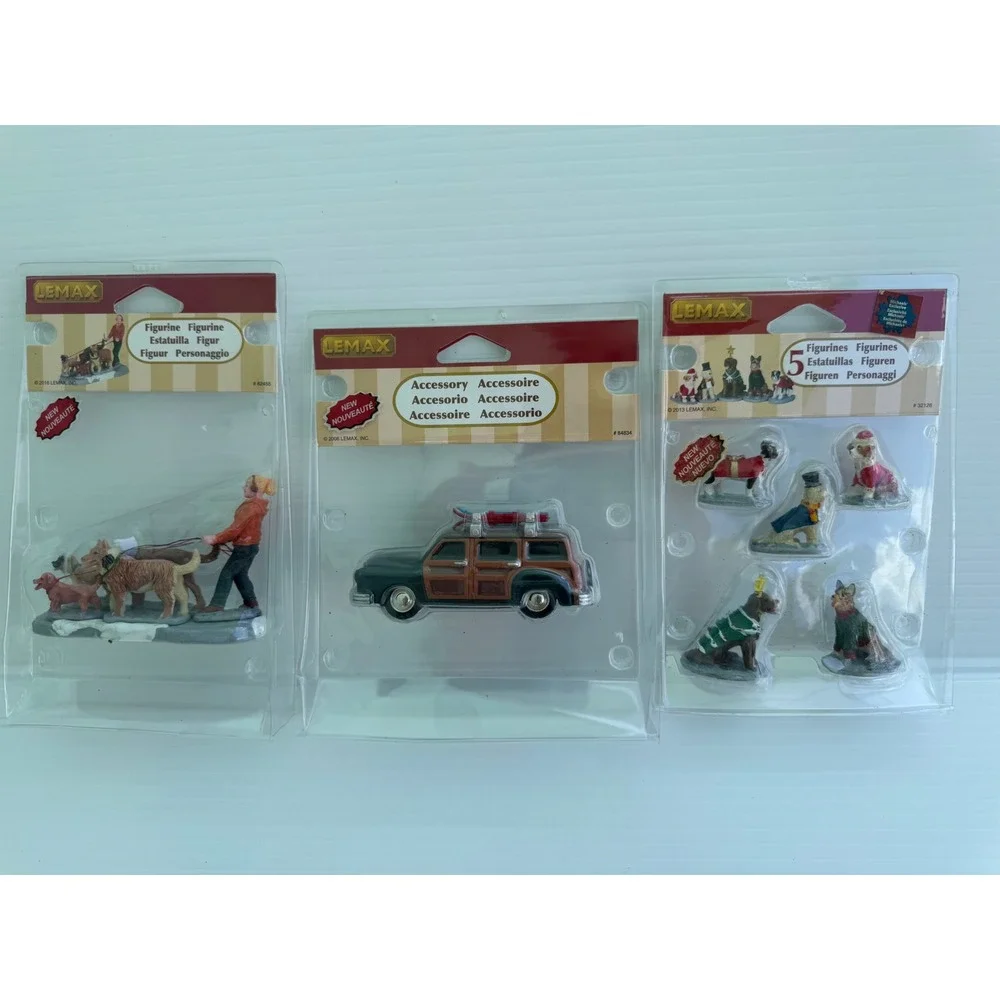 Lemax Village Collection Lot Woody Station Wagon Dog Walker Figurine Set New