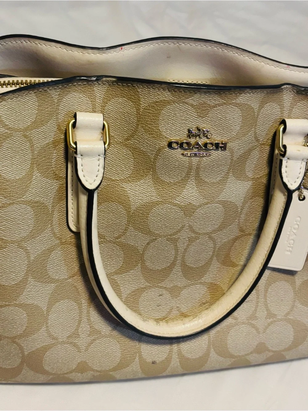 Coach Beige Signature Canvas Satchel with White Trim