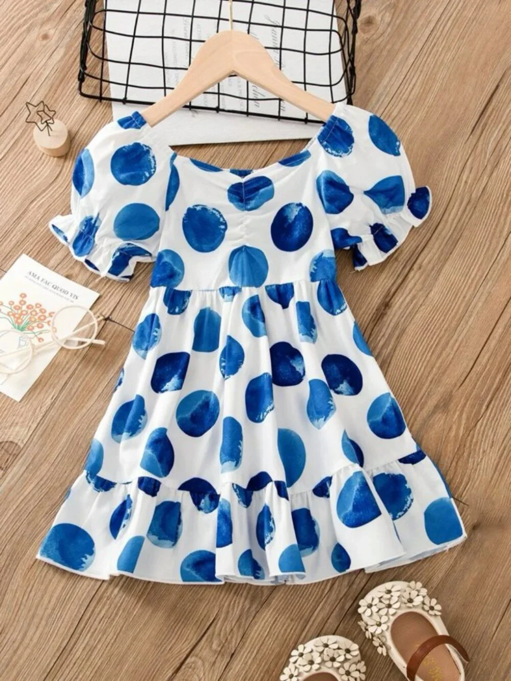 SHEIN Polka Dot Puff Sleeve Ruched Ruffle Hem Dress 5/6