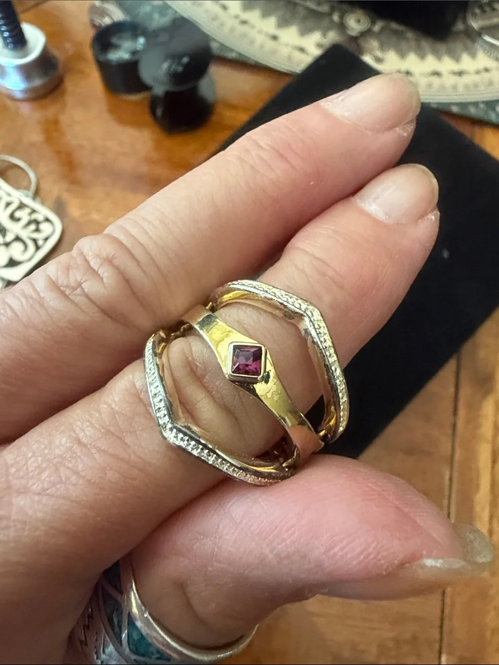 Gold-Tone Ring with Pink Center Stone and Pavé Band