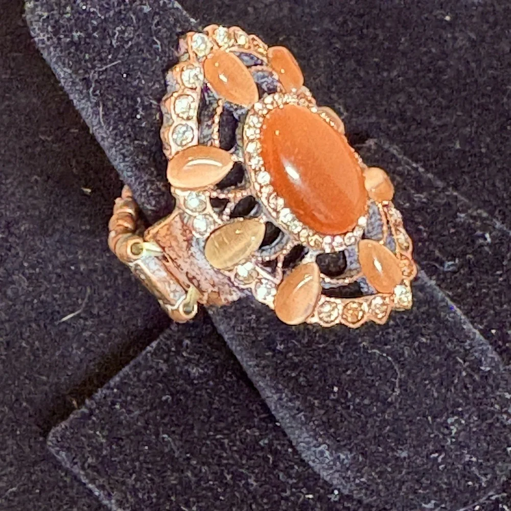 Elegant Brown and Rhinestone Stretch Statement Ring