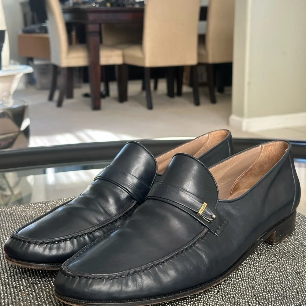 Bally Men’s Leather Loafers - Navy Slip-On Dress Shoes, Size 13M Made in Italy