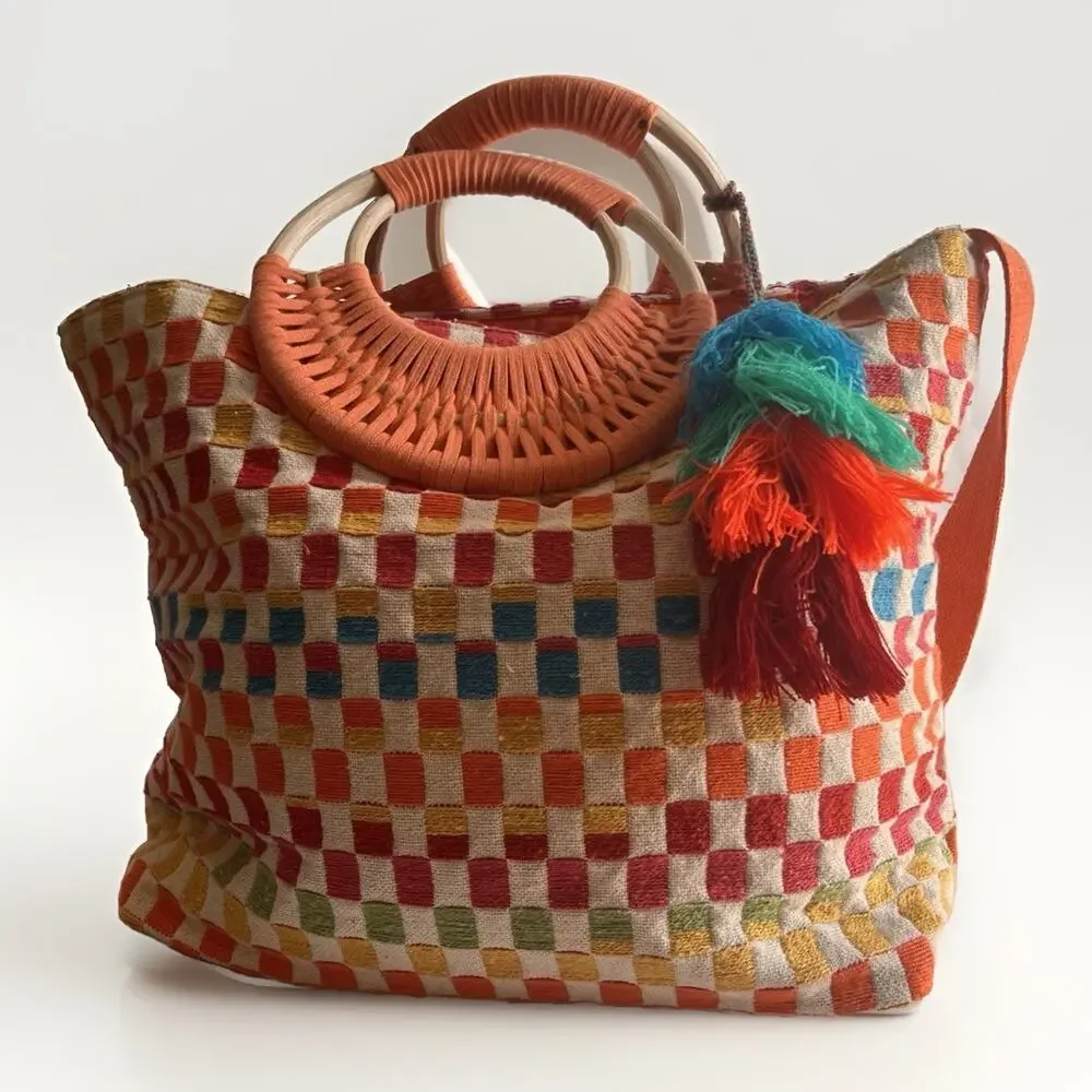 America & Beyond Sunshine Tote Bag Woven Checker Multicolor Tassel Boho Beach