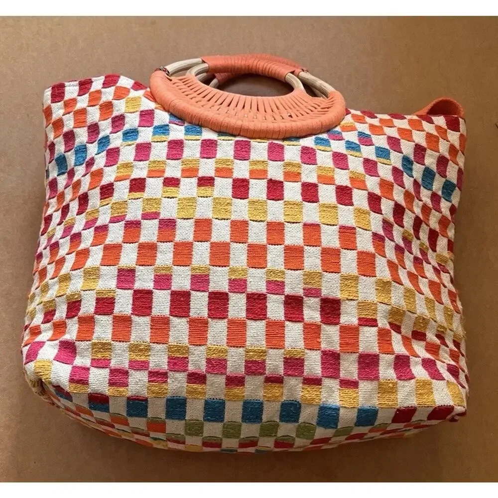 America & Beyond Sunshine Tote Bag Woven Checker Multicolor Tassel Boho Beach