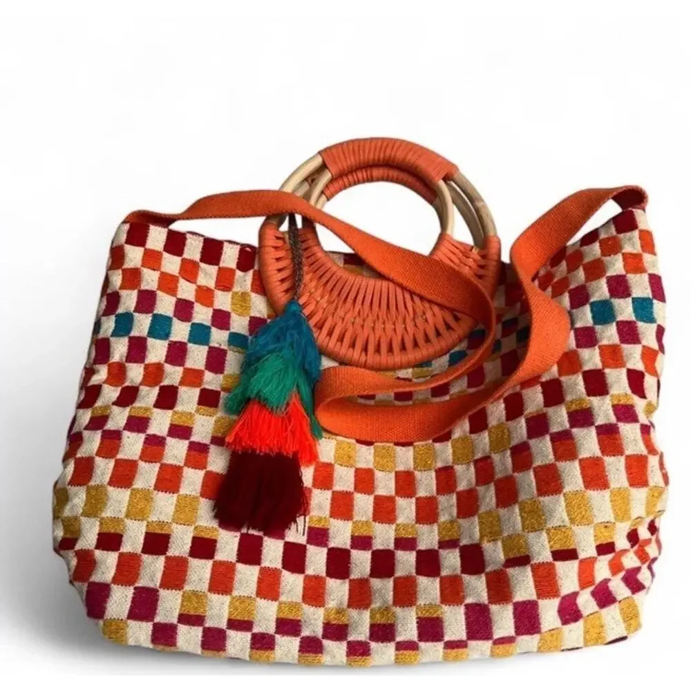 America & Beyond Sunshine Tote Bag Woven Checker Multicolor Tassel Boho Beach