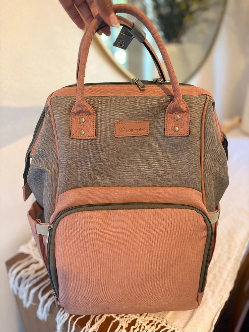 Upsimples gray and coral pink dipper bag