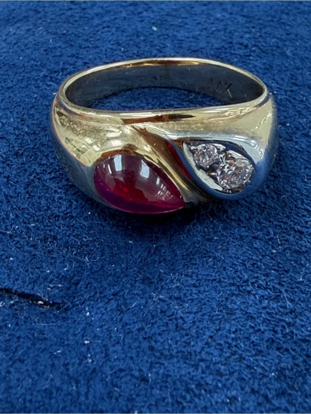 14K Gold Ruby Cabochon Ring with Diamond Accent