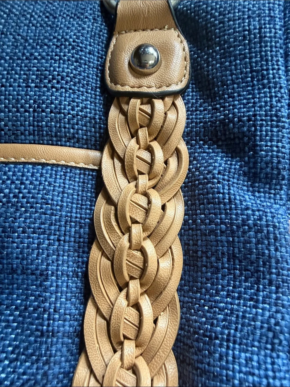 Blue Canvas Tote with Tan Braided Handles - Casual Women's Bag