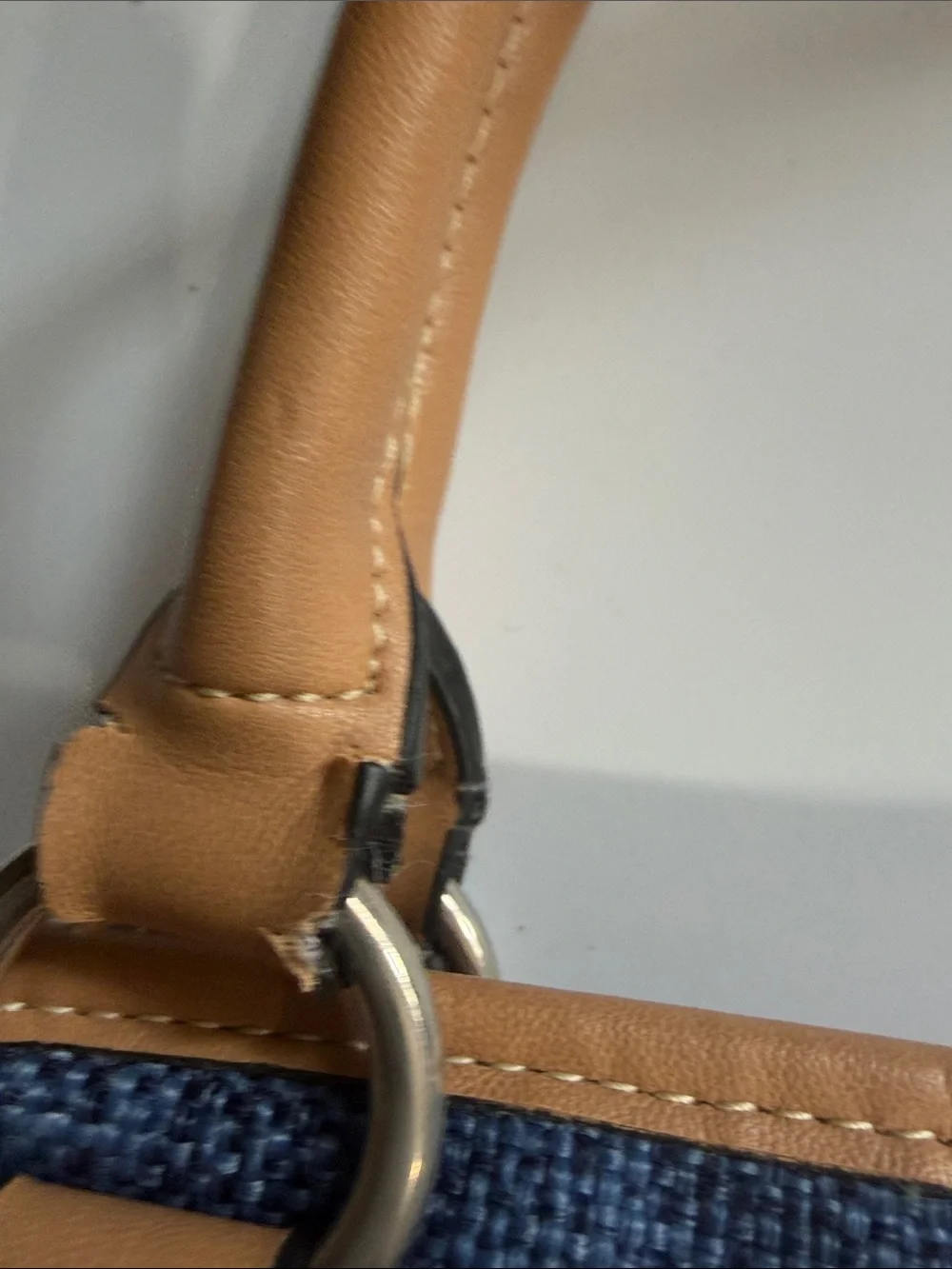 Blue Canvas Tote with Tan Braided Handles - Casual Women's Bag