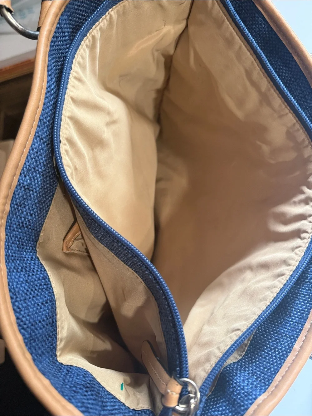 Blue Canvas Tote with Tan Braided Handles - Casual Women's Bag