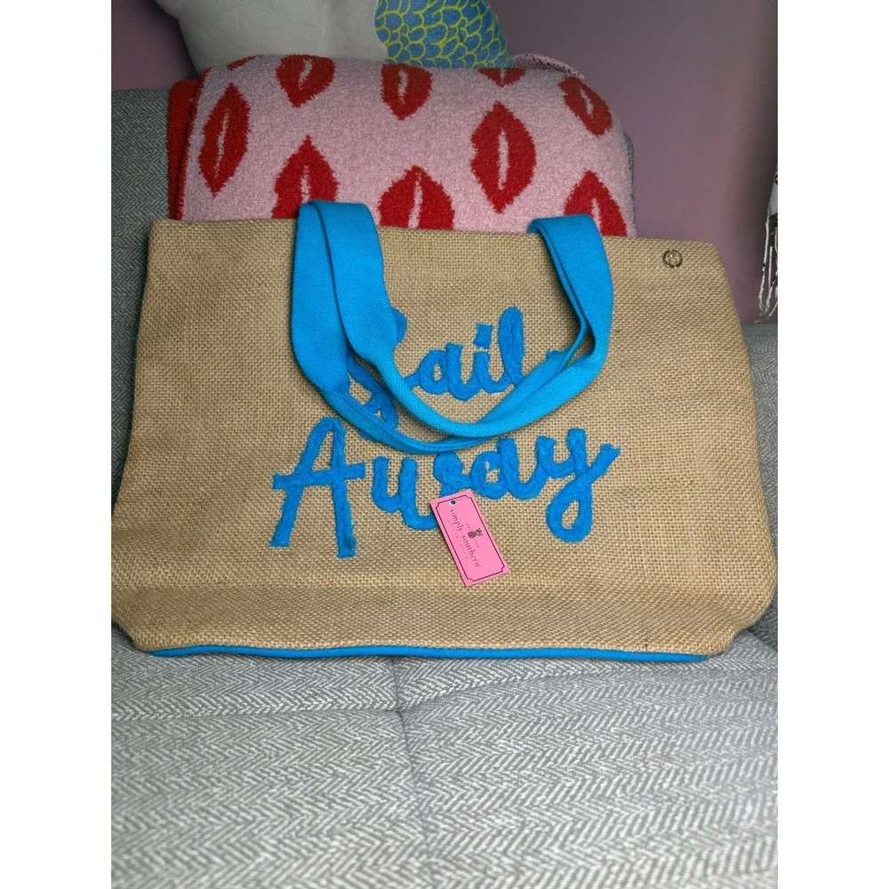 Simply Southern Sail Away Jute Tote Bag Blue Tan Nautical Beach Bag