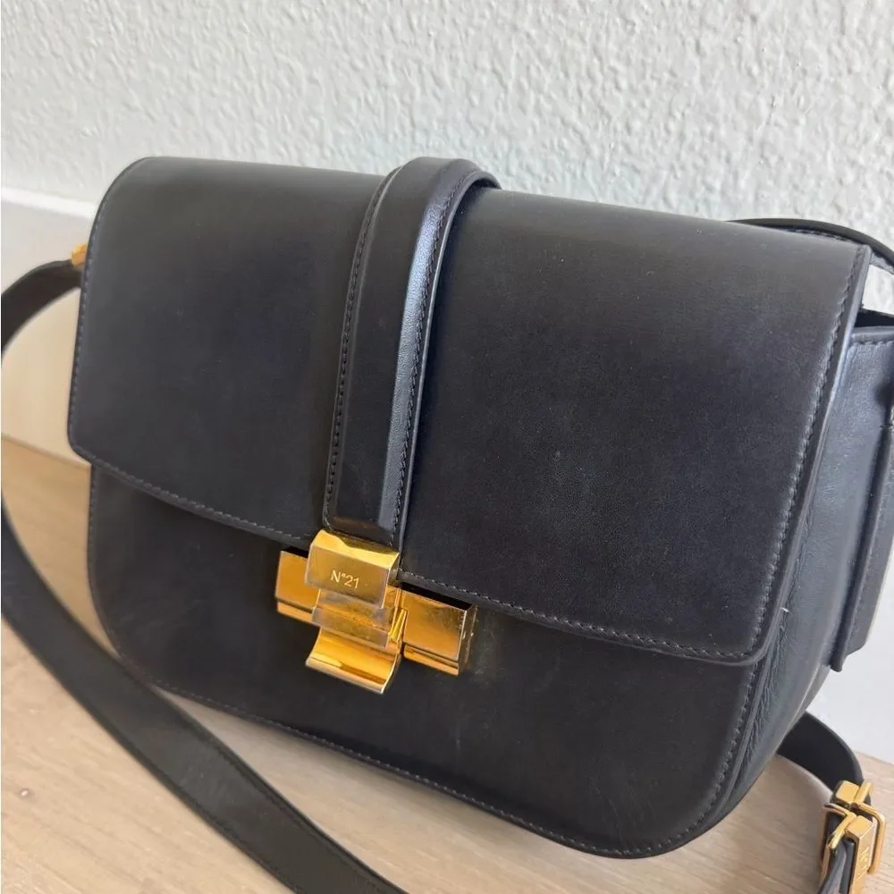 N21 Black Leather Shoulder Bag Gold Hardware Made in Italy $1,100
