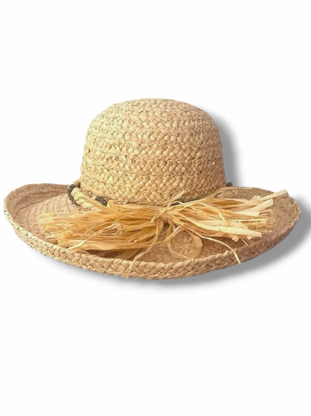 SCALA Woven Natural Fiber Straw Sun Hat Beaded Raffia Bow Resort Vacation Boho