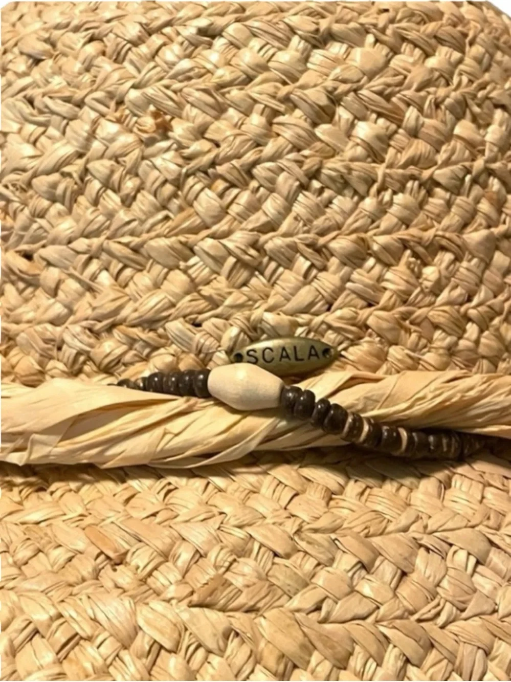 SCALA Woven Natural Fiber Straw Sun Hat Beaded Raffia Bow Resort Vacation Boho