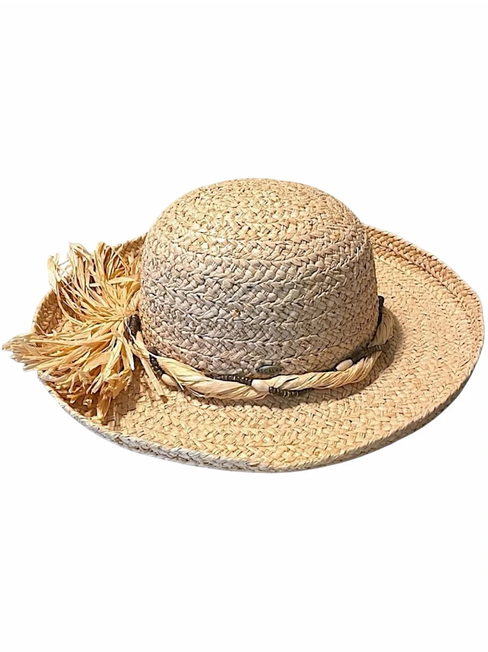 SCALA Woven Natural Fiber Straw Sun Hat Beaded Raffia Bow Resort Vacation Boho