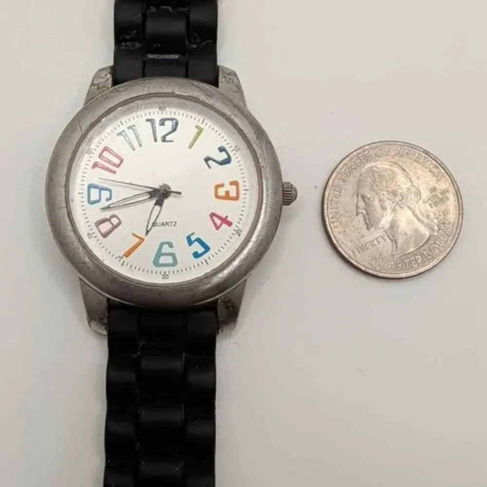 Rainbow Dial Watch Women Large Face Colorful Numbers Black Band New Battery 377