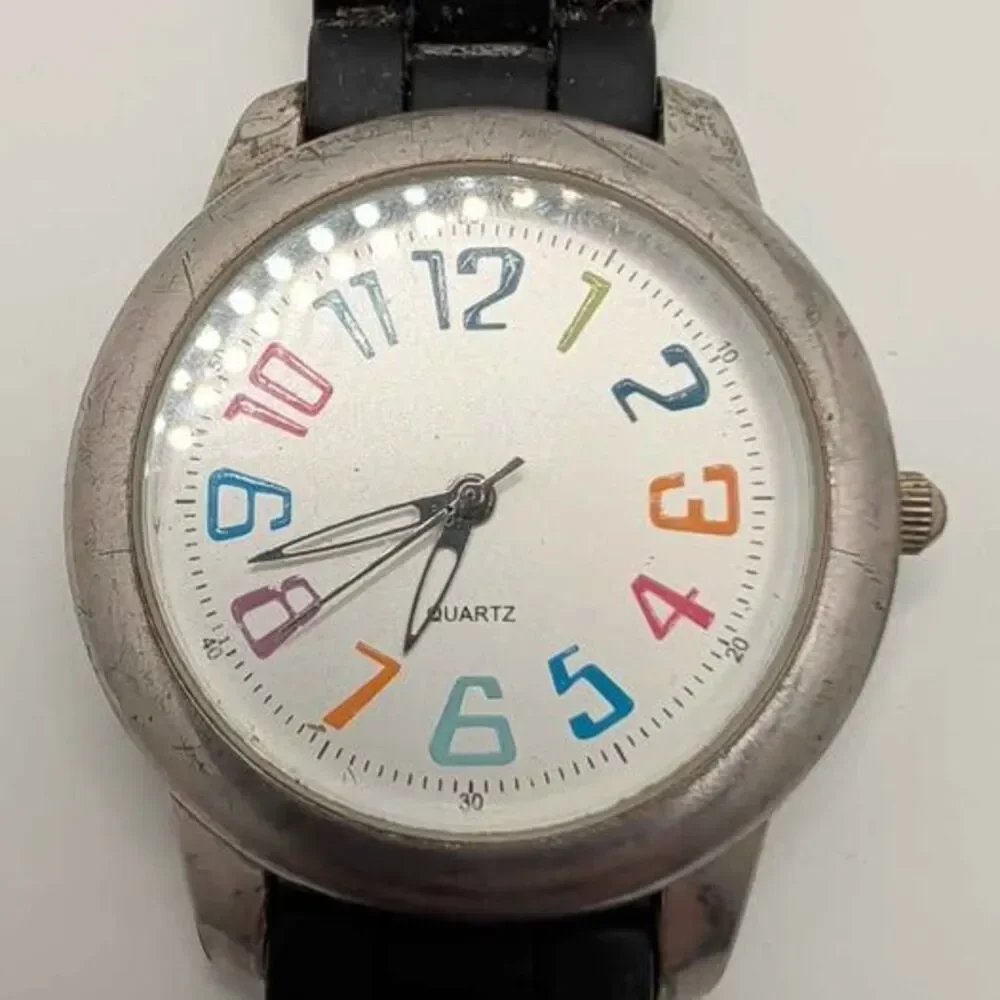 Rainbow Dial Watch Women Large Face Colorful Numbers Black Band New Battery 377