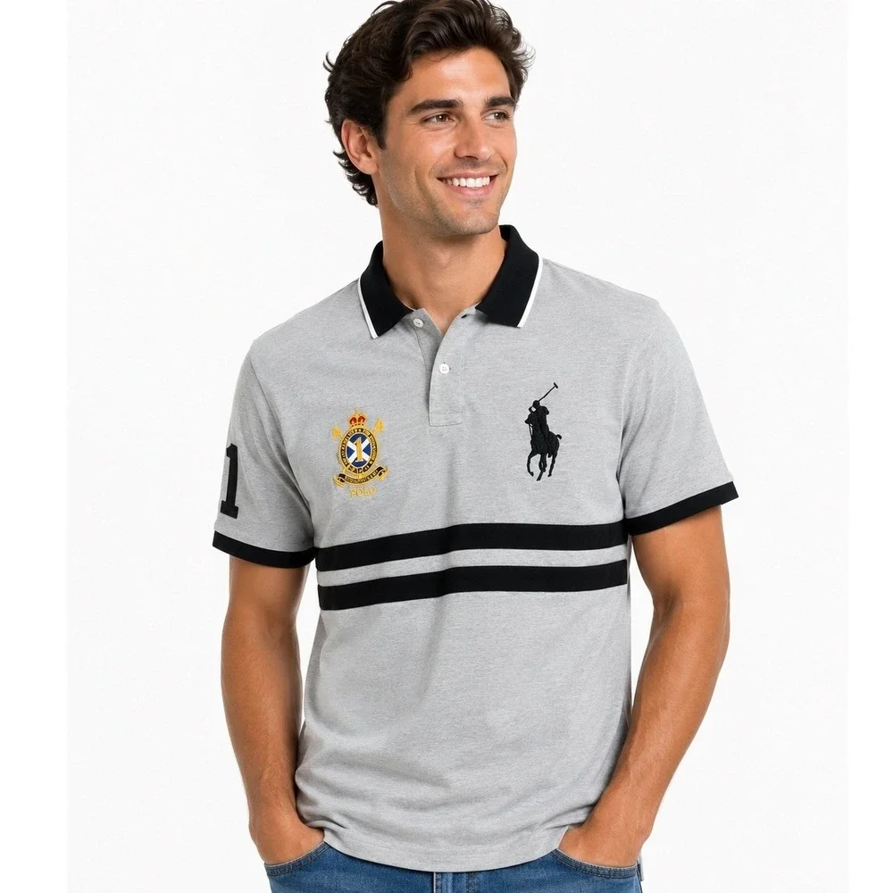 Polo Ralph Lauren Polo Shirt Size XL Grey Big Pony Crest Custom Slim Fit Striped