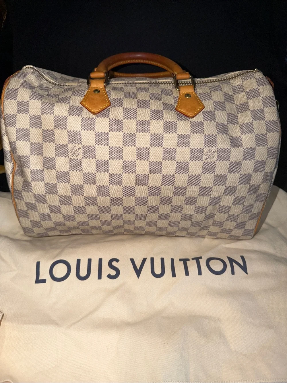 Louis Vuitton Damier Azur Speedy Handbag - Light Blue & White with Vachetta