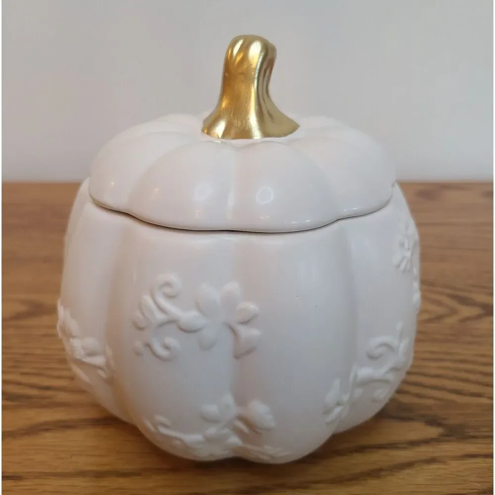 White Ceramic Harvest Pumpkin Container With Lid From 1-800-Flowers Arrangement