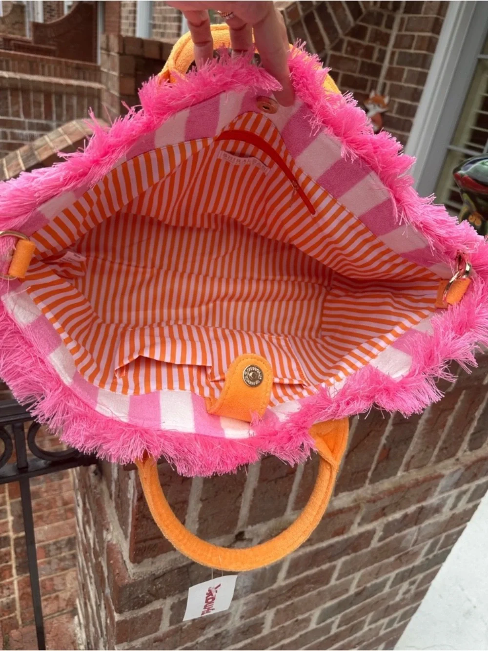 🩷Pink & White Striped Fringe Tote with Orange Handles and  Crossbody Strap🩷