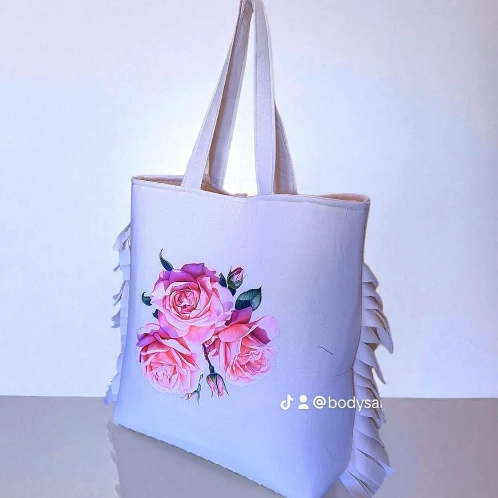 Chic Ruffled Tote Bag with Pink Floral Design