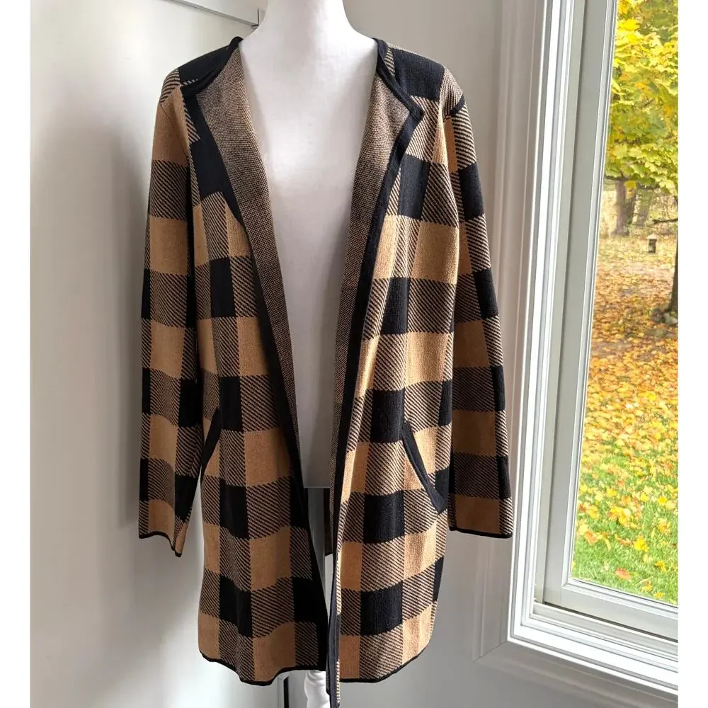 J.Crew Plaid Open Front‎ Cardigan Tunic Black Brown Sweater Small Oversized