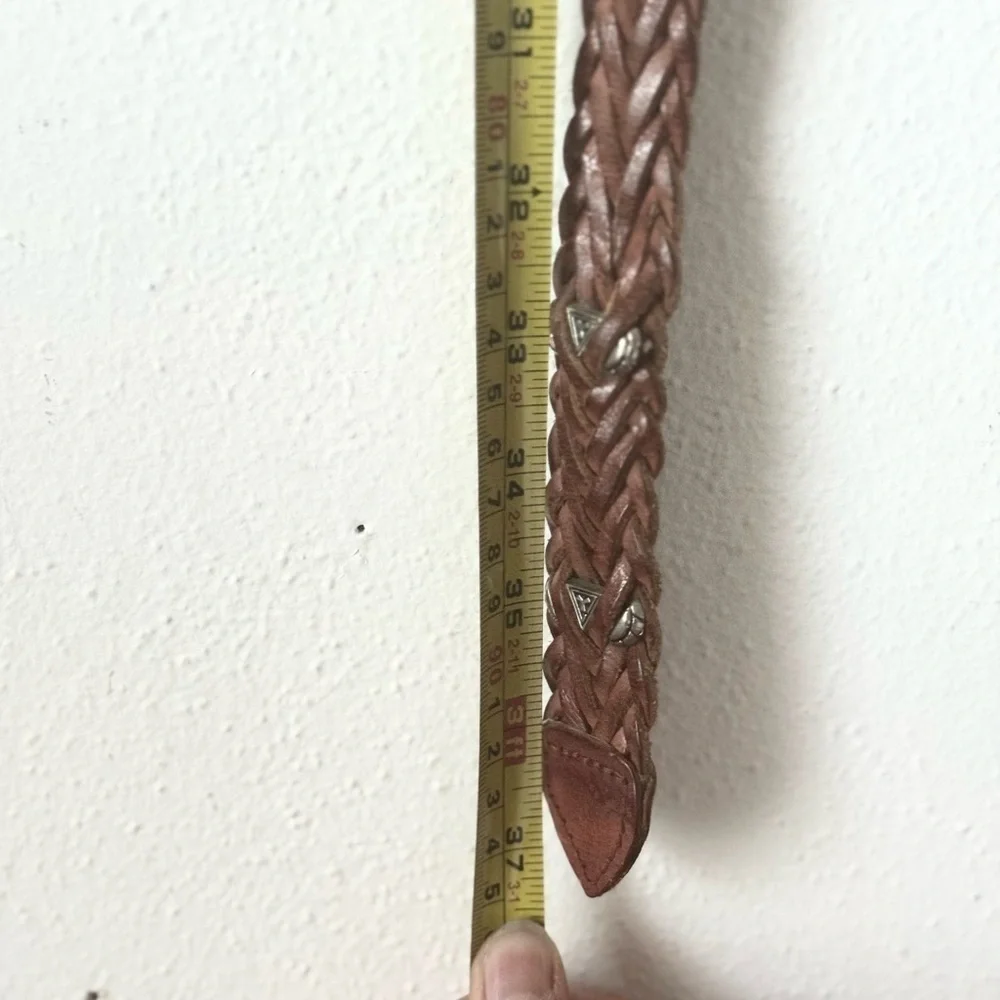 Vintage 1990s Braided Leather Belt with Silver Buckle and details