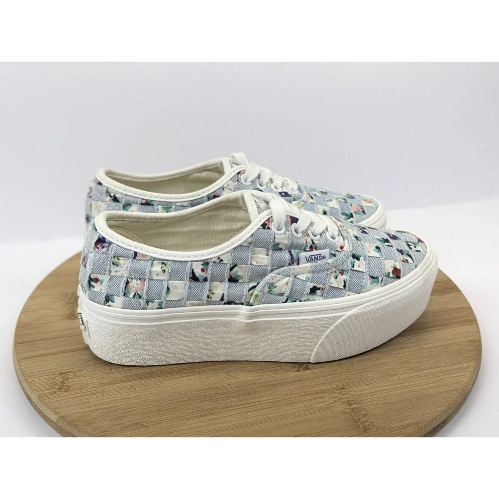 Vans Stacked Era Platform Shoes Womans 6.5 Woven Checkered Floral Blue White