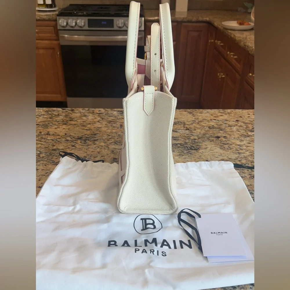 Authentic Balmain Paris Small B-Army Tote White Canvas Pink leather trim logo.