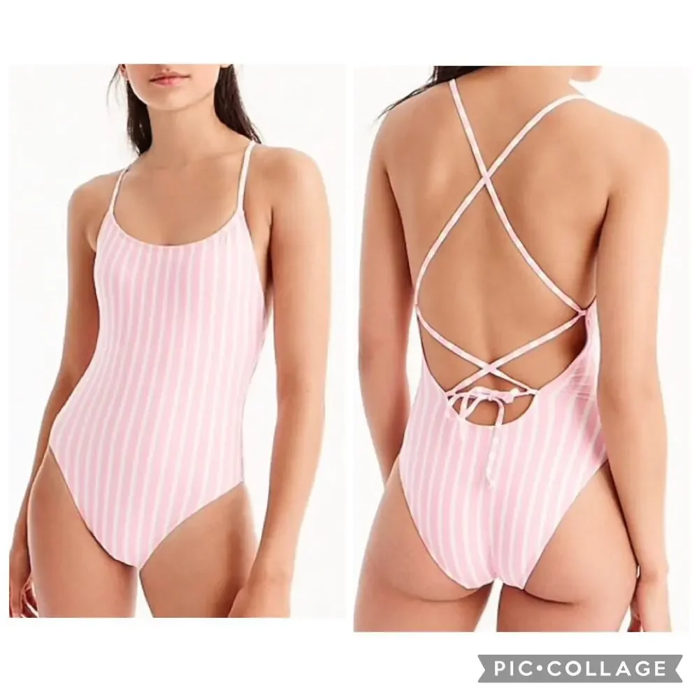 J.Crew Lace-up Back One-Piece Swimsuit Pink & White Stripes Size 16