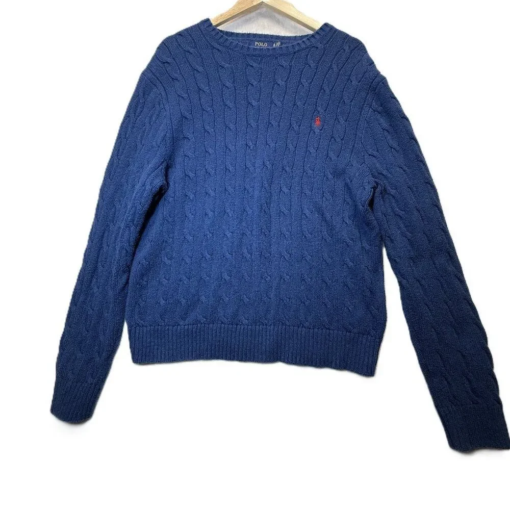 Polo Ralph Lauren Blue Cable Knit Sweater Classic Crewneck Cotton XL Men's