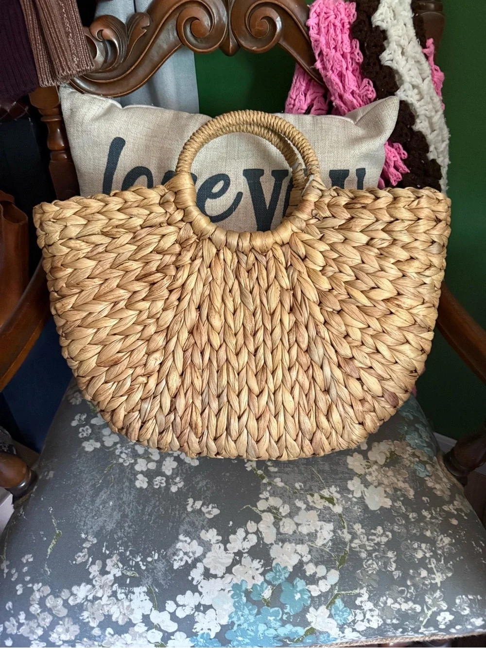 Natural Woven Straw Tote Bag with Round Handles