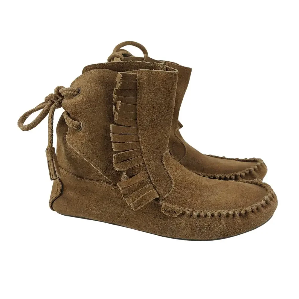 J Crew Moccasins Womens Size 7 Tan Suede Leather Tassel Fringe Boho