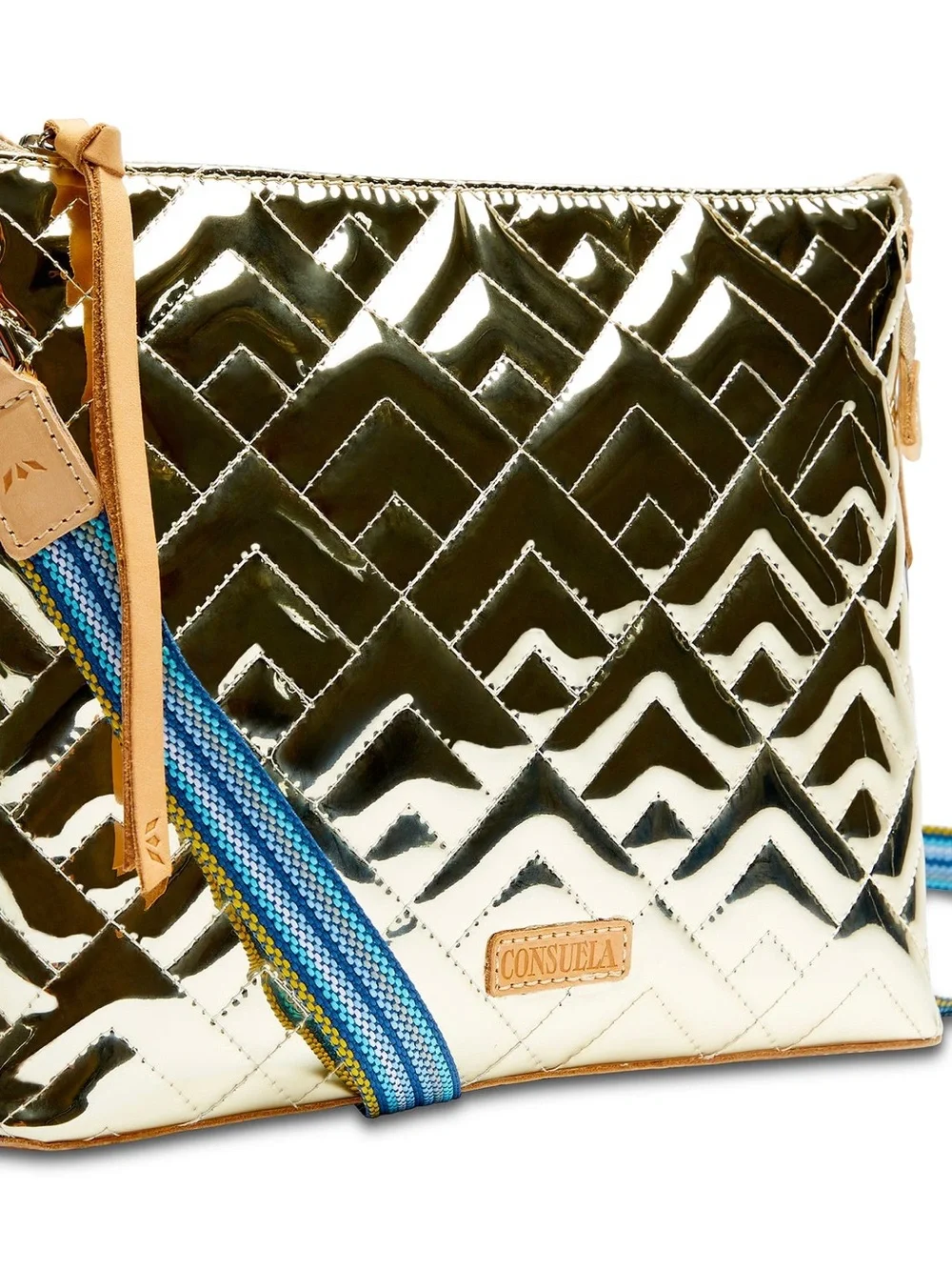 BRAND NEW! Consuela Gold Quilted Crossbody with Blue Striped Strap