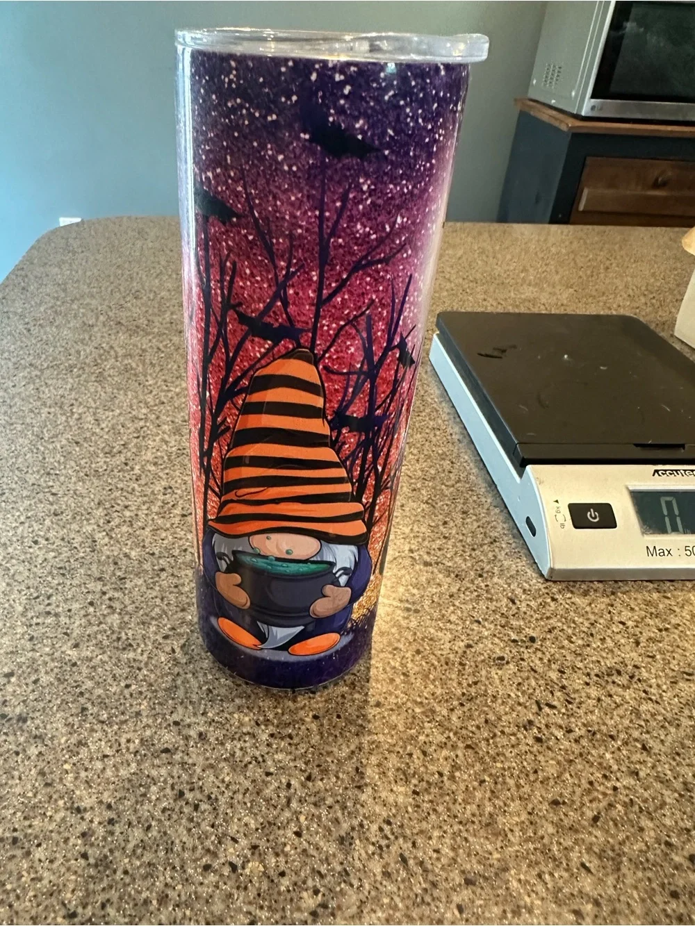 Purple Glitter Halloween Gnome Tumbler with Orange Hat