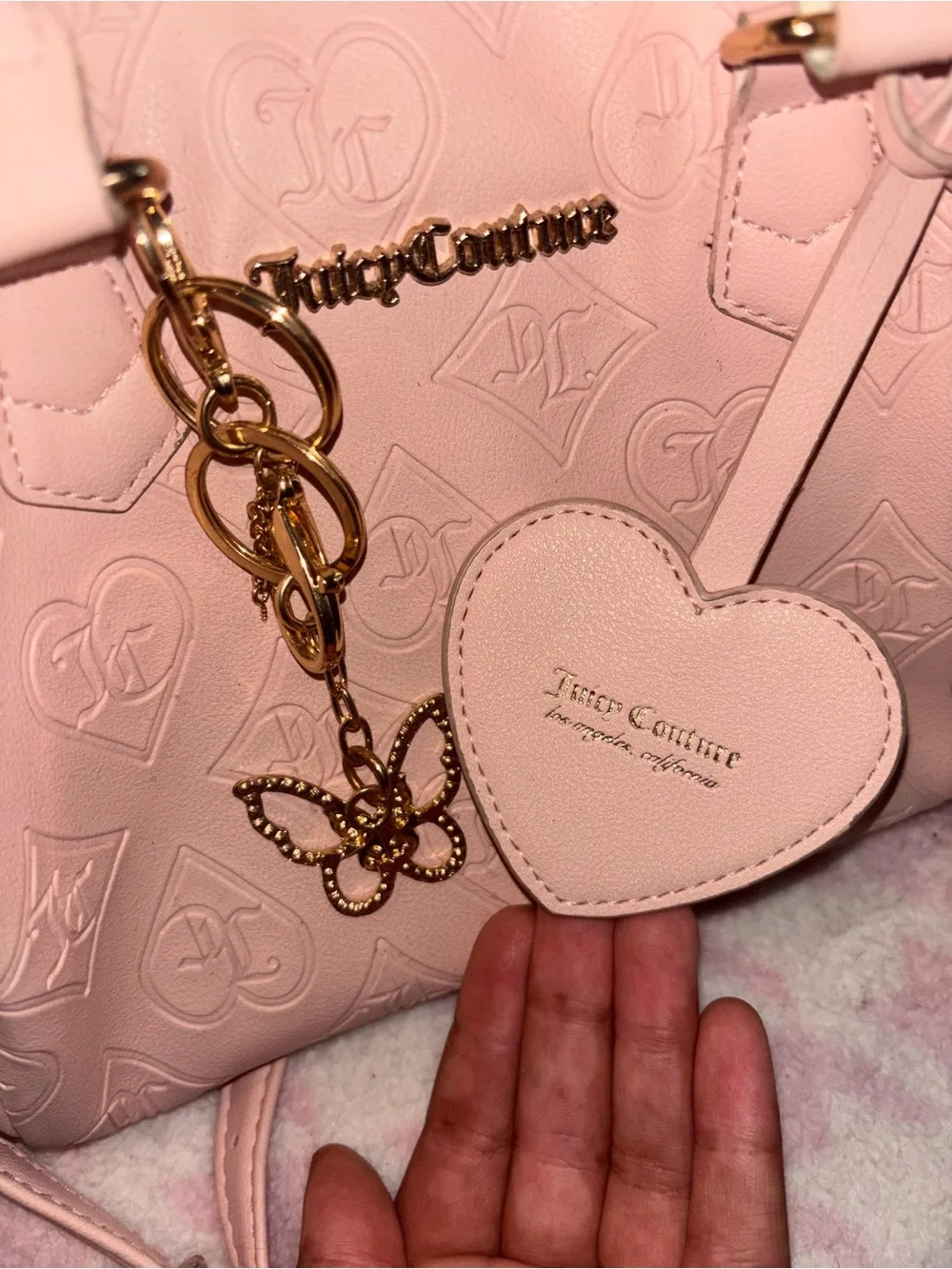 Juicy Couture Blush Pink Embossed Heart Charm Tote with Gold Hardware