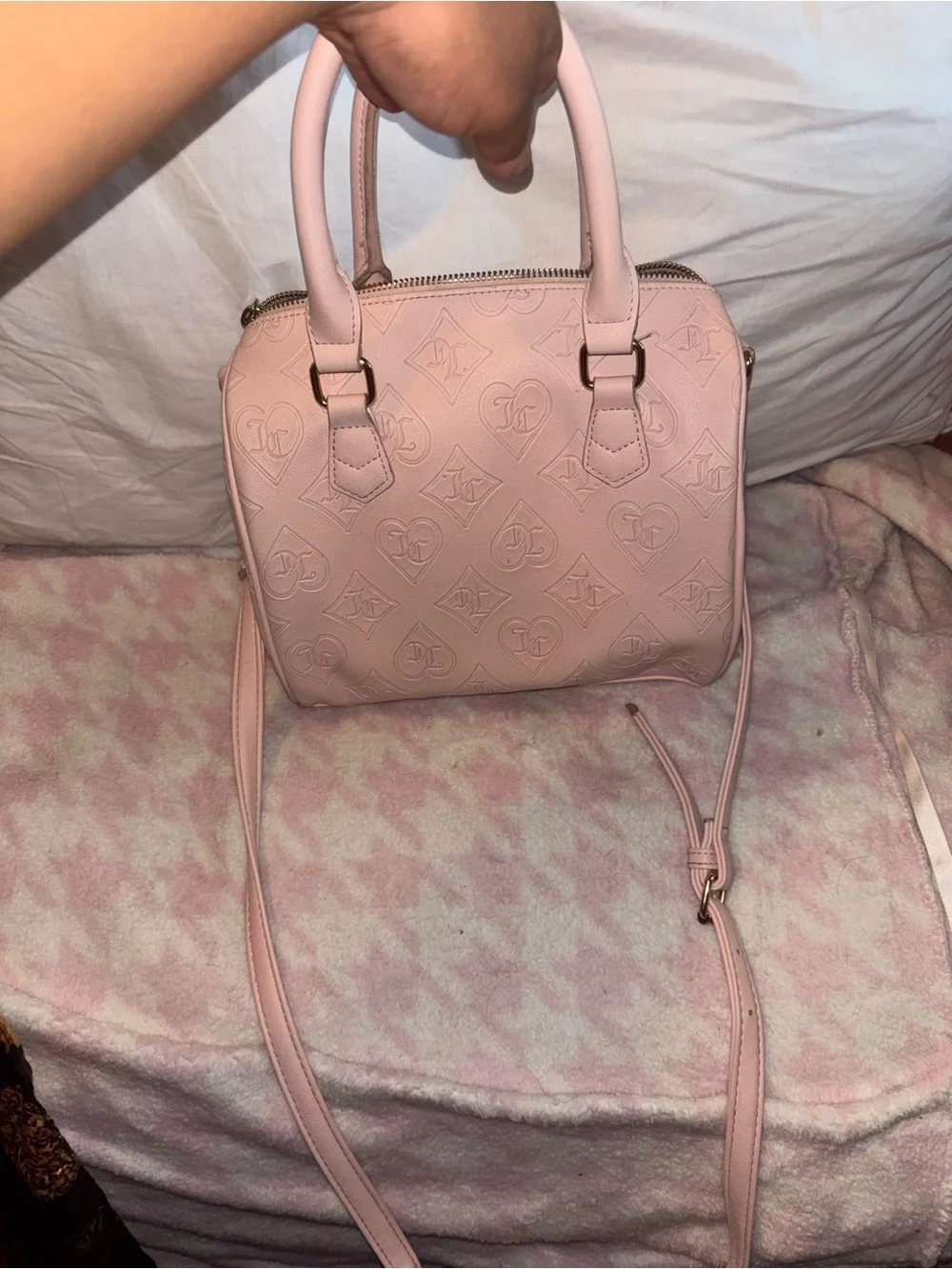 Juicy Couture Blush Pink Embossed Heart Charm Tote with Gold Hardware