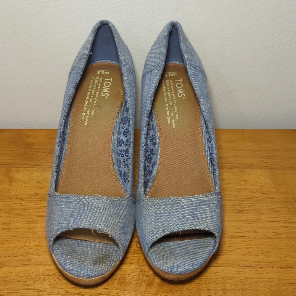 Toms Stella Peep-Toe Wedges Blue Chambray Cork Women's Size 8.5