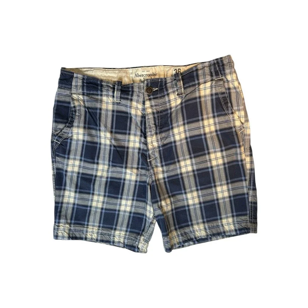 Abercrombie & Fitch Y2K Plaid Shorts Mens 36 Blue White Button Fly Cotton Grunge