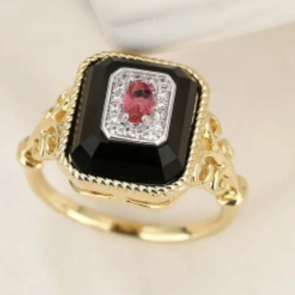 Onyx Base Red & Clear Zirconia Stones RingArt Decor Gold Oblong Style Sz 6 NWT