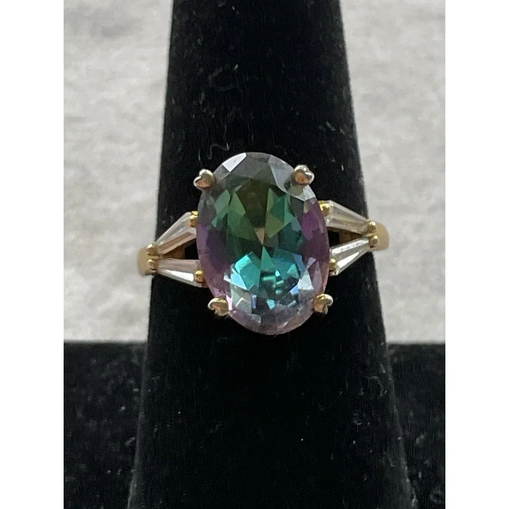 925 Sterling Silver Gold Vermeil Mystic Topaz Ring Size 7.75 Vintage Estate