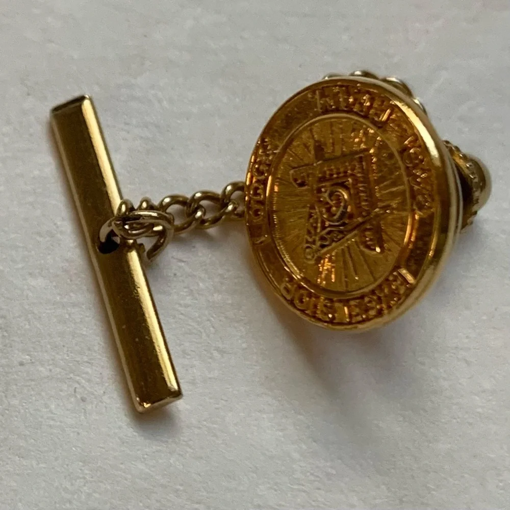 Vintage Masonic 1/20 10K GP  Tie Tack with Safety Chain Excelsior Lodge Pin 3D