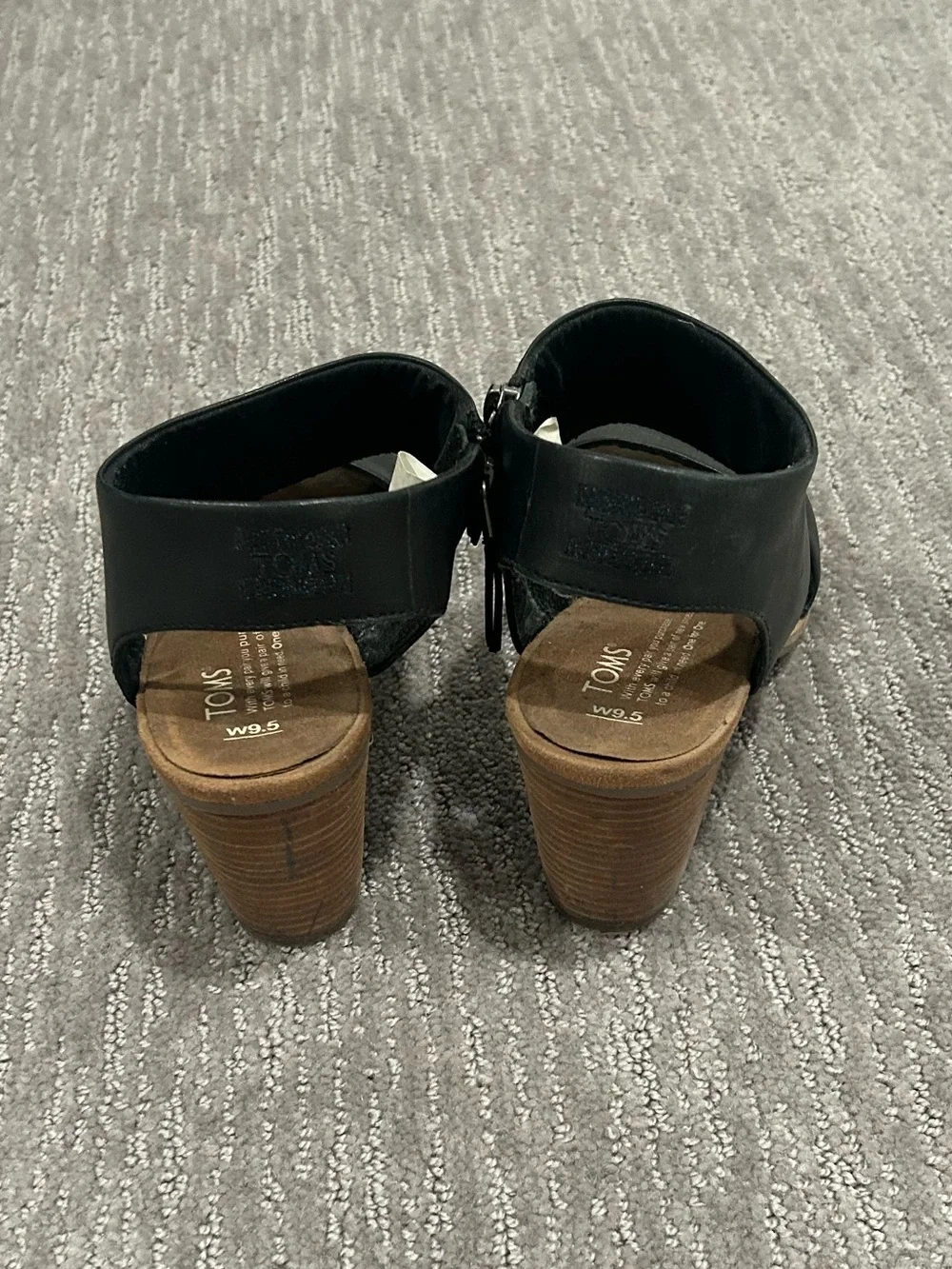 TOMS Black Leather Ankle-Strap Wedge Sandals
