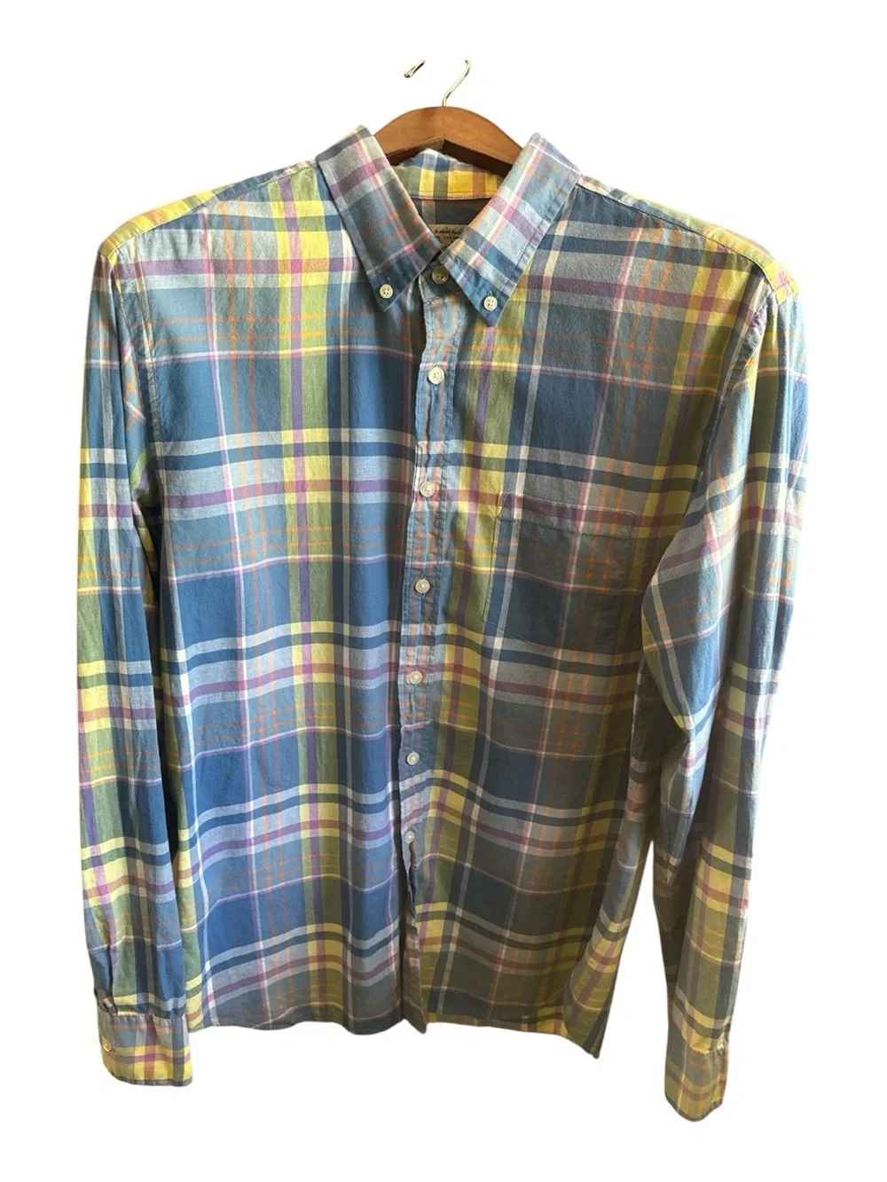 J. Crew Multicolor Plaid Button-Down Shirt Blue, Green, Yellow Mens Large Casual